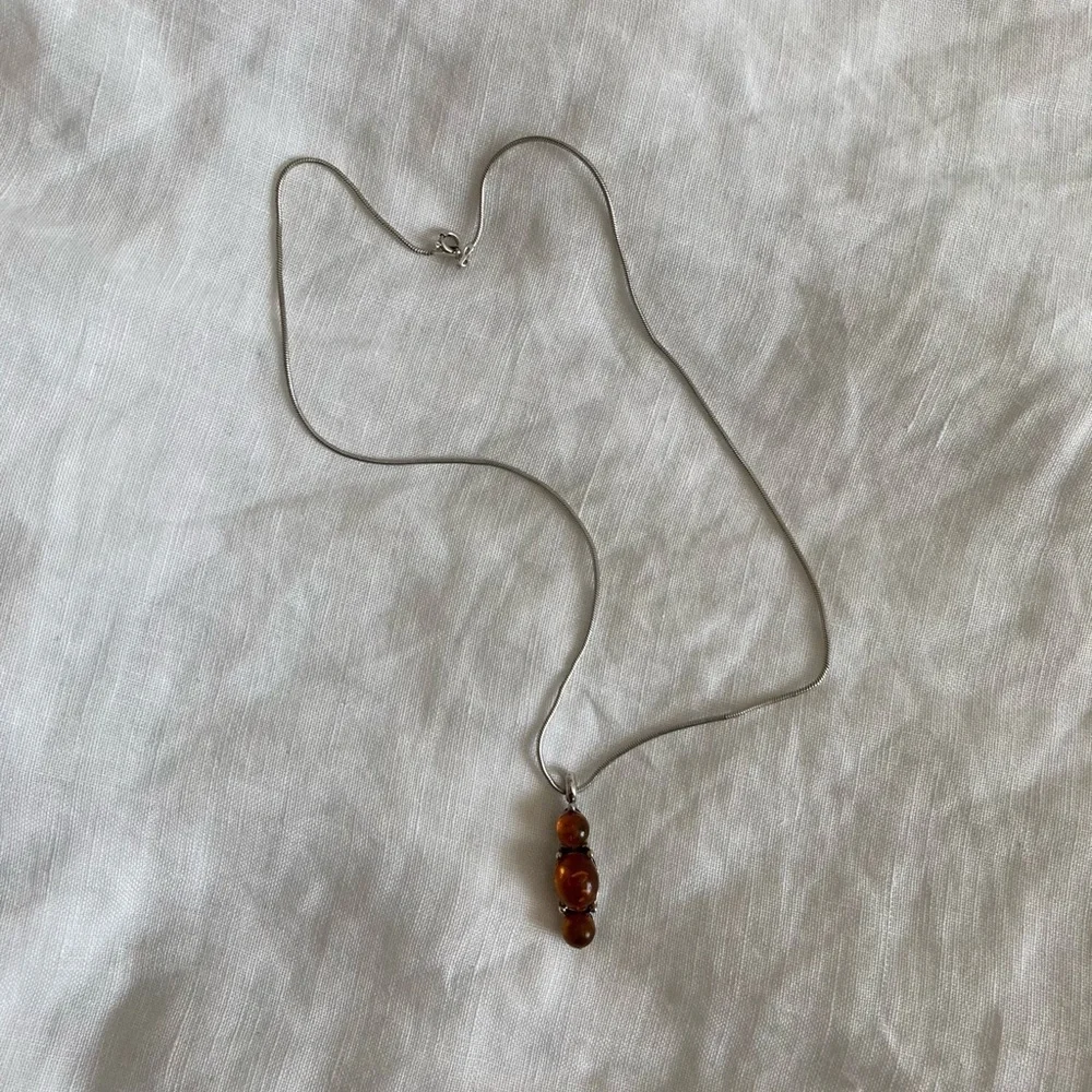 Vintage 1970s Amber Sterling Silver Pendant Necklace